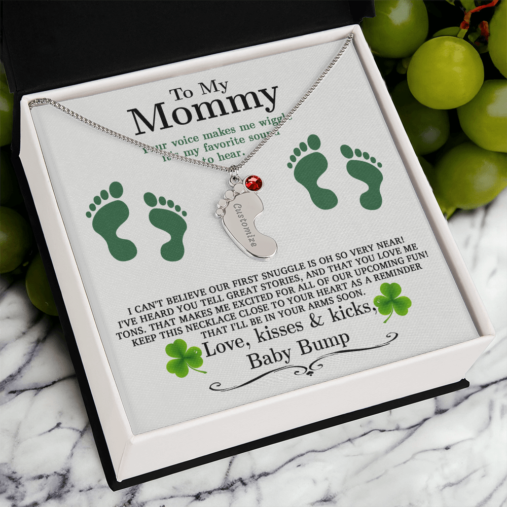 To My Mommy from Baby Bump - Personalized Baby Feet Necklace – Custom Name & Birthstone Pendant St. Patrick's Day Gift - Mallard Moon Gift Shop