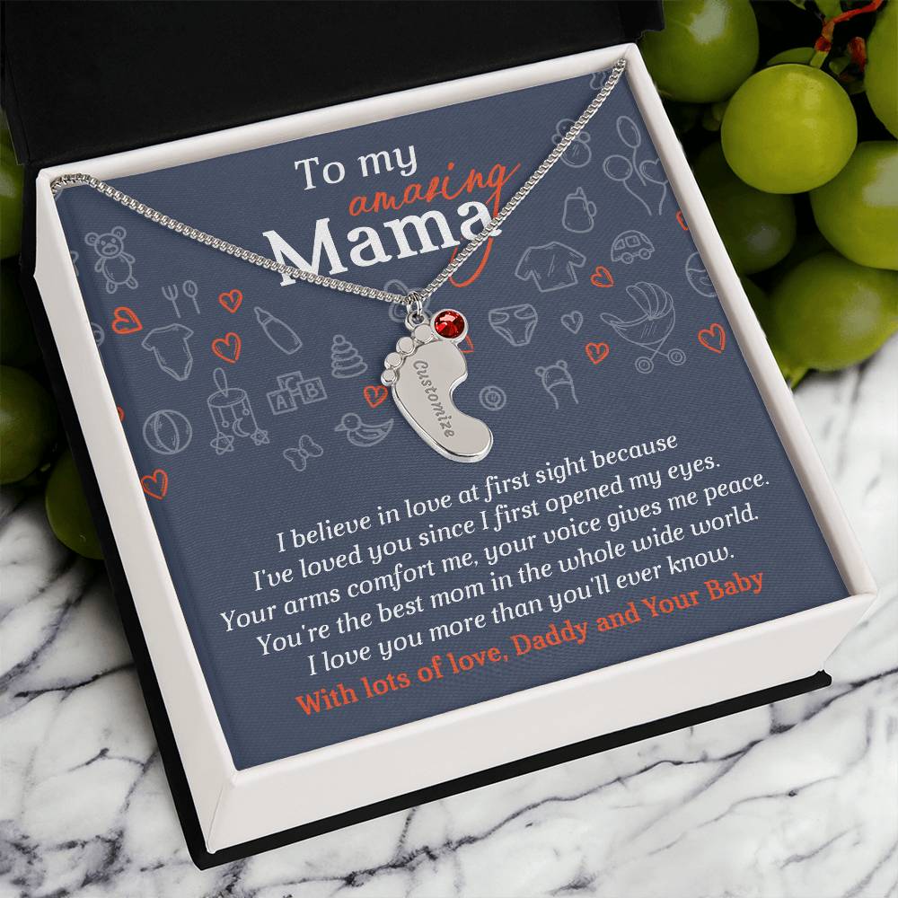 To My Amazing Mama I Believe in Love at First Sight Engraved Name Baby Feet Pendant Necklace with Birthstone - Mallard Moon Gift Shop