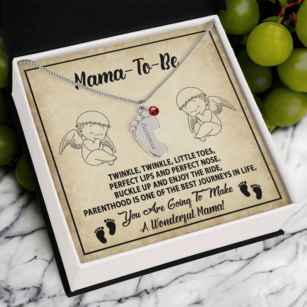 Gift for Mama-to-be Adorable Engraved Name Baby Feet Necklace with Birthstone