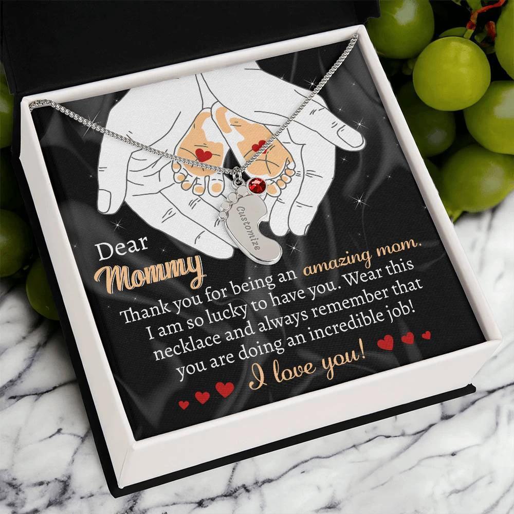 Pregnant Mother Gift You are doing an Incredible Job Engraved Name Baby Feet Necklace with Birthstone