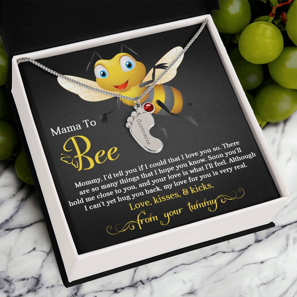 Mama To Bee Love, Kisses and Kicks from your Tummy Engraved Name Baby Feet Charm Necklace with Birthstone - Mallard Moon Gift Shop