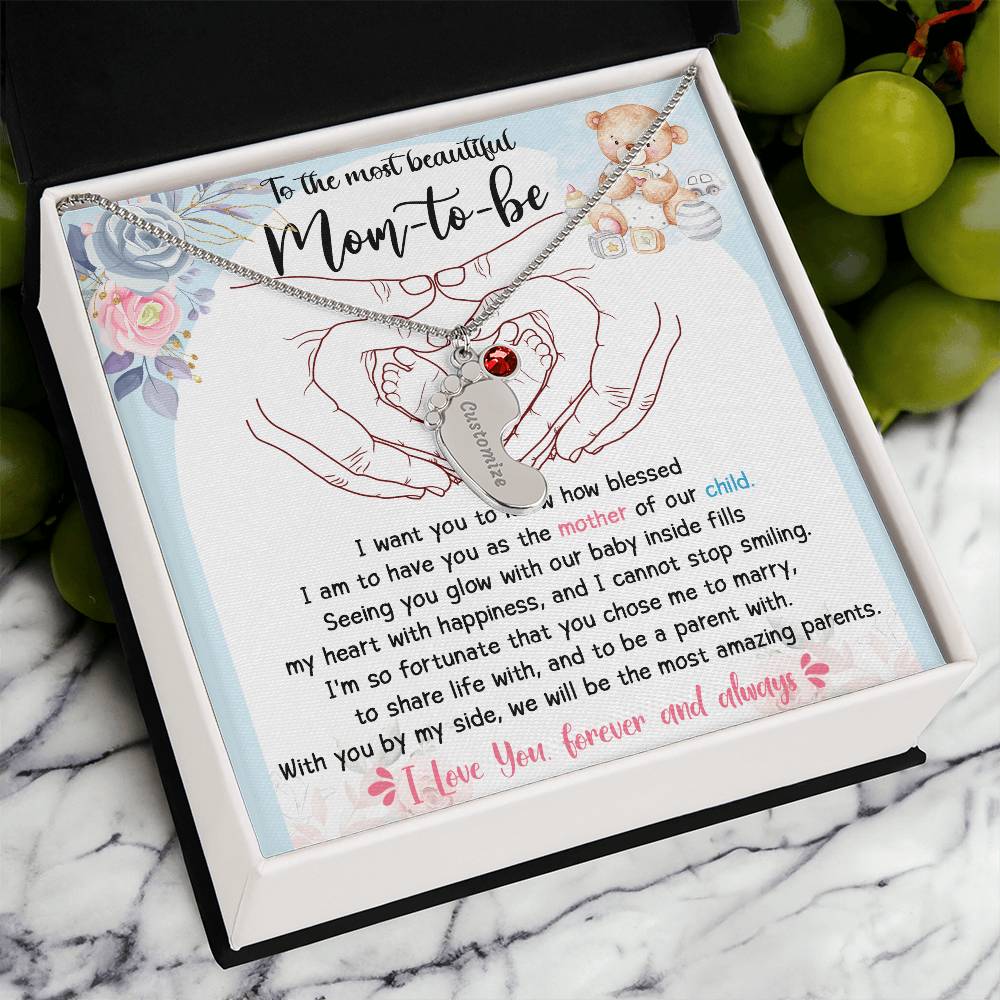 Mom-to-be Gift from Husband Engraved Name Baby Feet Charm Necklace with Birthstone - Mallard Moon Gift Shop