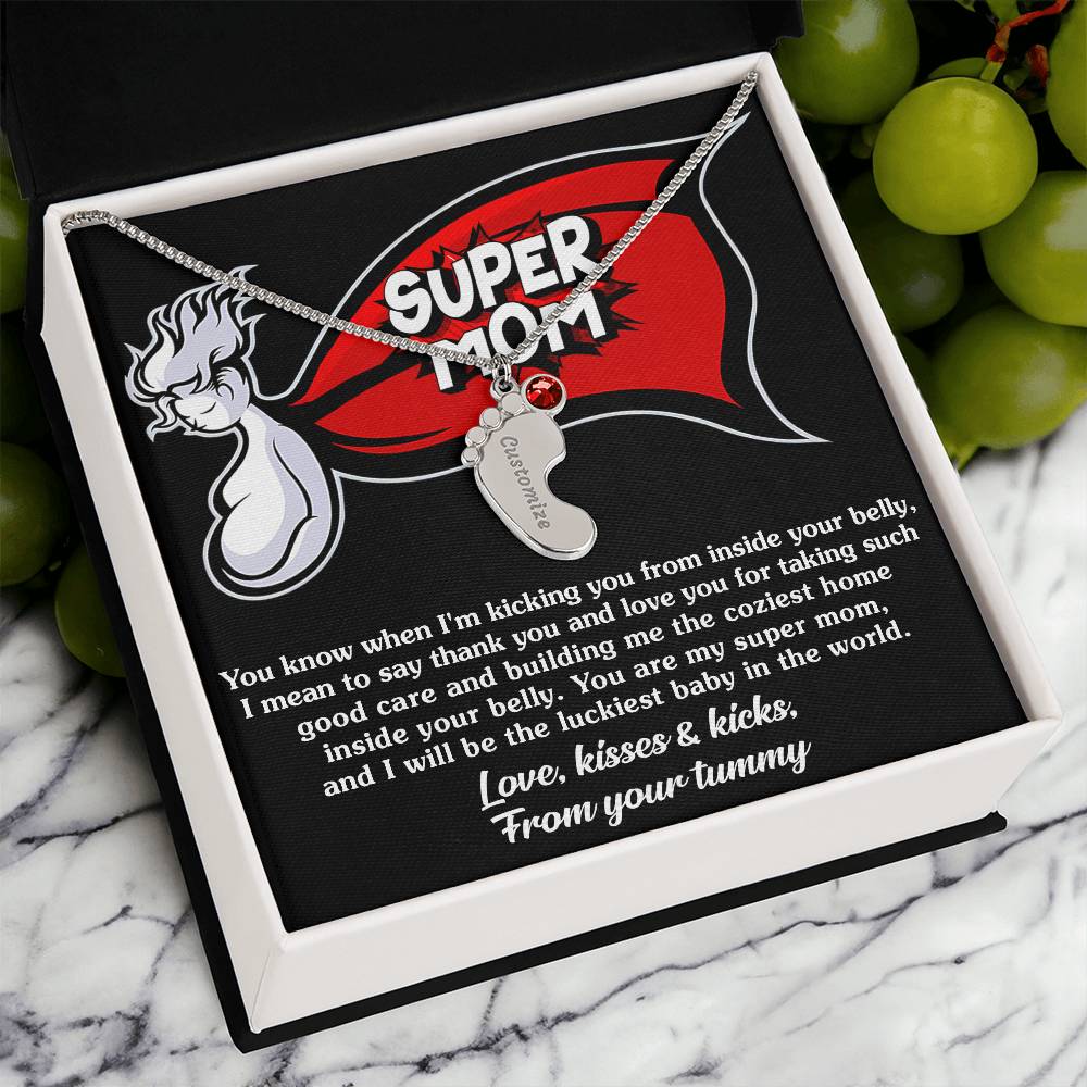 Supermom Love, Kisses and Kicks From Your Tummy Engraved Name Baby Feet Pendant Necklace with Birthstone - Mallard Moon Gift Shop