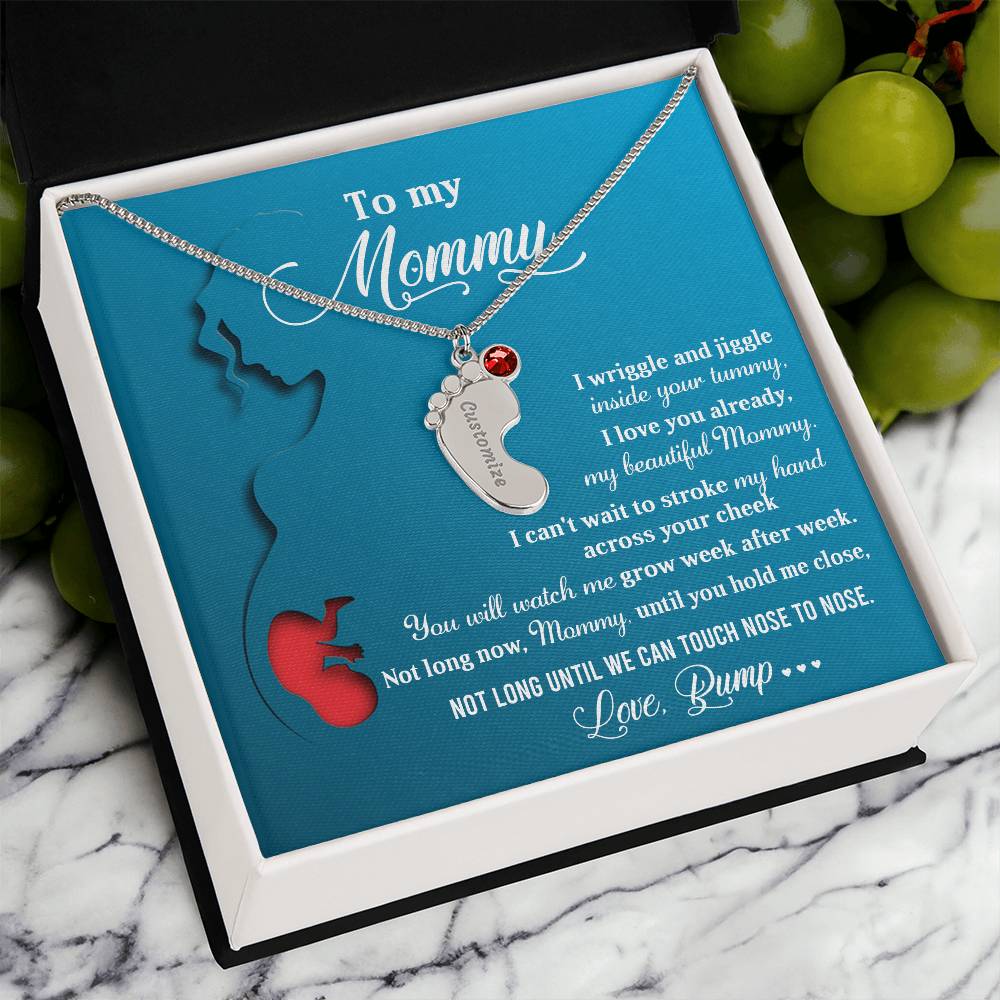 New Mom Gift Not Long Now Until You Can Hold Me Close Baby Feet Engraved Name Charm Necklace with Birthstone - Mallard Moon Gift Shop