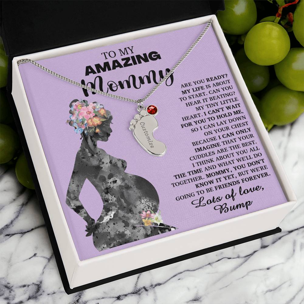 To My Amazing Mommy Lots of Love from the Bump Pregnancy Gift Engraved Name Baby Feet Charm Necklace with Birthstone - Mallard Moon Gift Shop