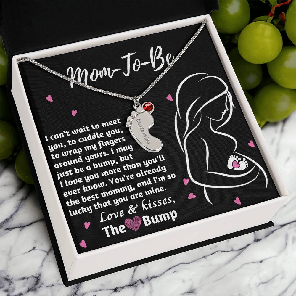 Mom-To-Be Love and Kisses From the Bump Engraved Name Baby Feet Pendant Necklace with Birthstone - Mallard Moon Gift Shop