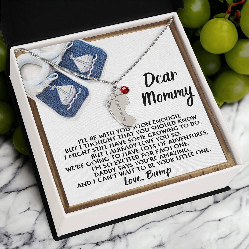 Dear Mommy I Already Love You Pregnancy Engraved Name Baby Feet Charm Necklace with Birthstone Gift for New Mom