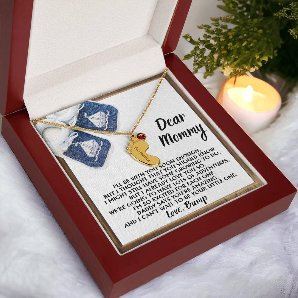 Dear Mommy I Already Love You Pregnancy Engraved Name Baby Feet Charm Necklace with Birthstone Gift for New Mom