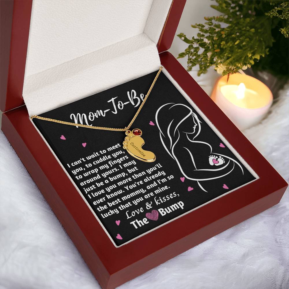 Mom-To-Be Love and Kisses From the Bump Engraved Name Baby Feet Pendant Necklace with Birthstone - Mallard Moon Gift Shop