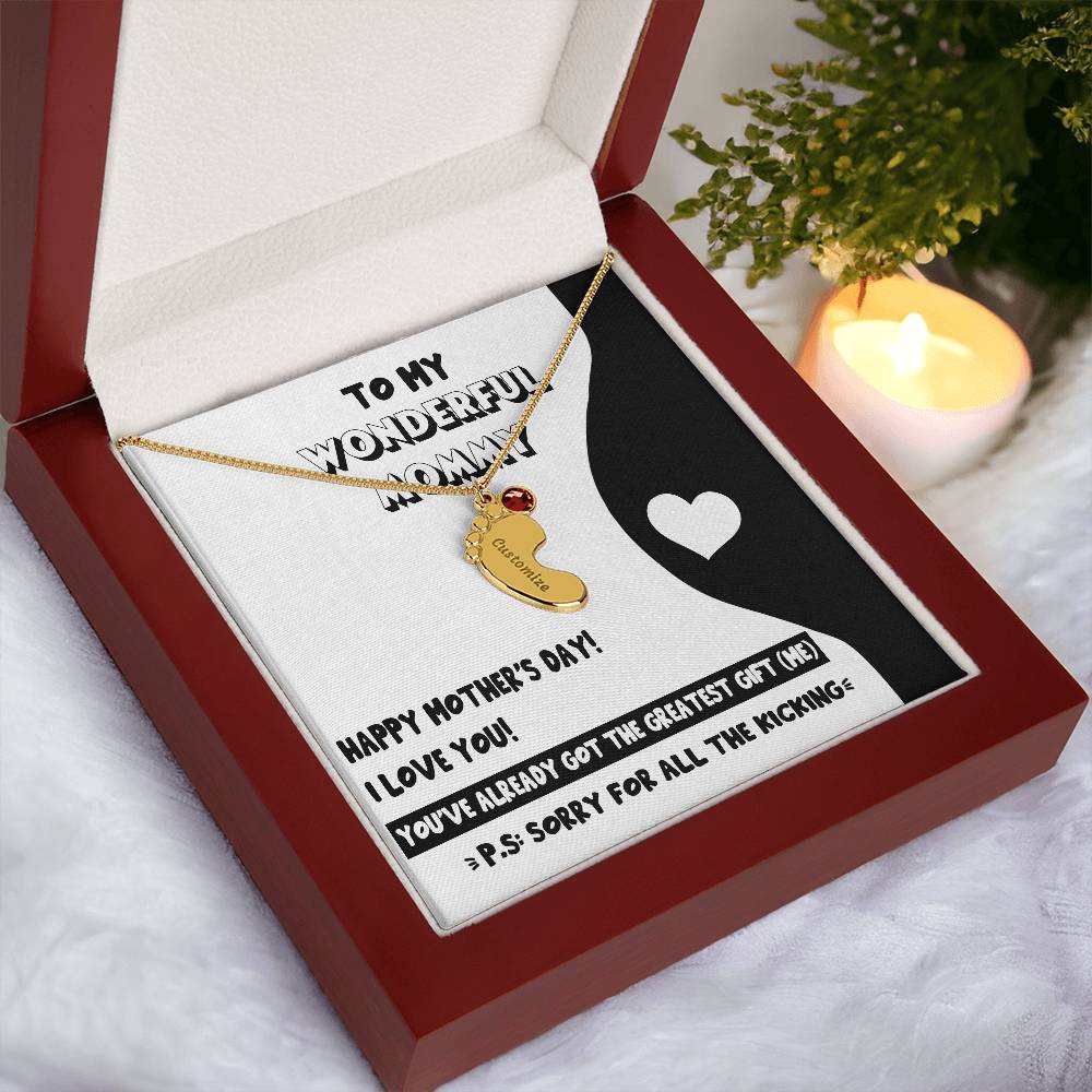 Gift for New Mom - Sorry for All the Kicking Baby Feet Engraved Name Charm Necklace with Birthstone - Mallard Moon Gift Shop