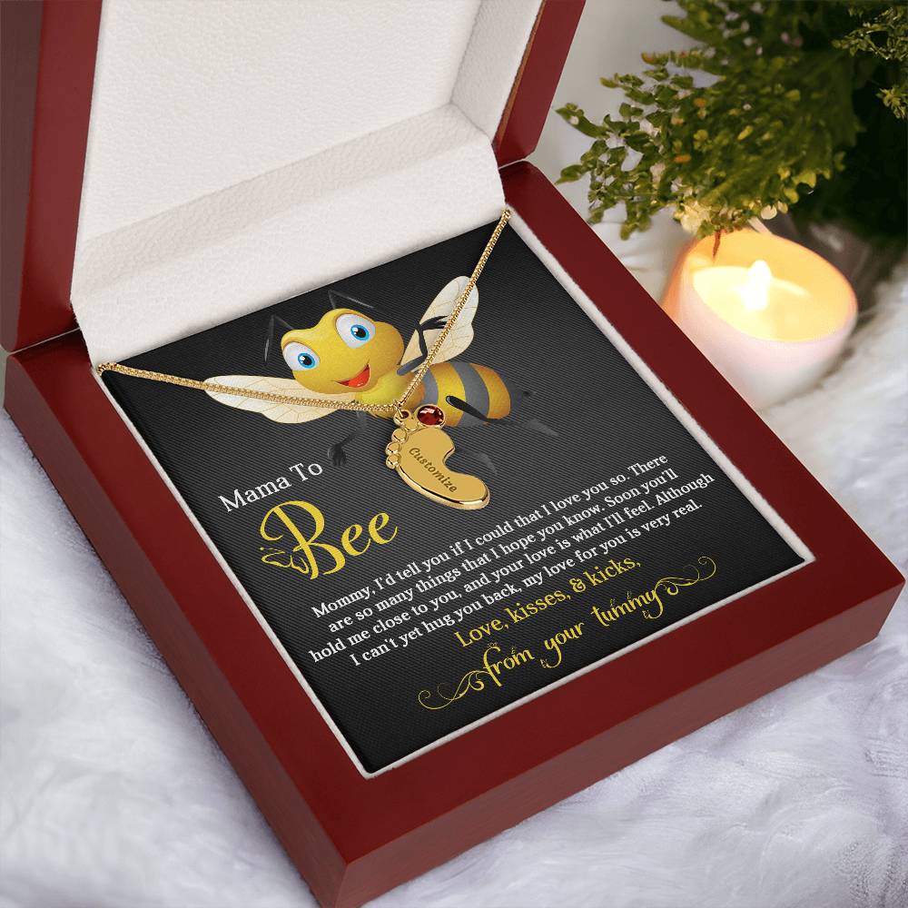 Mama To Bee Love, Kisses and Kicks from your Tummy Engraved Name Baby Feet Charm Necklace with Birthstone - Mallard Moon Gift Shop