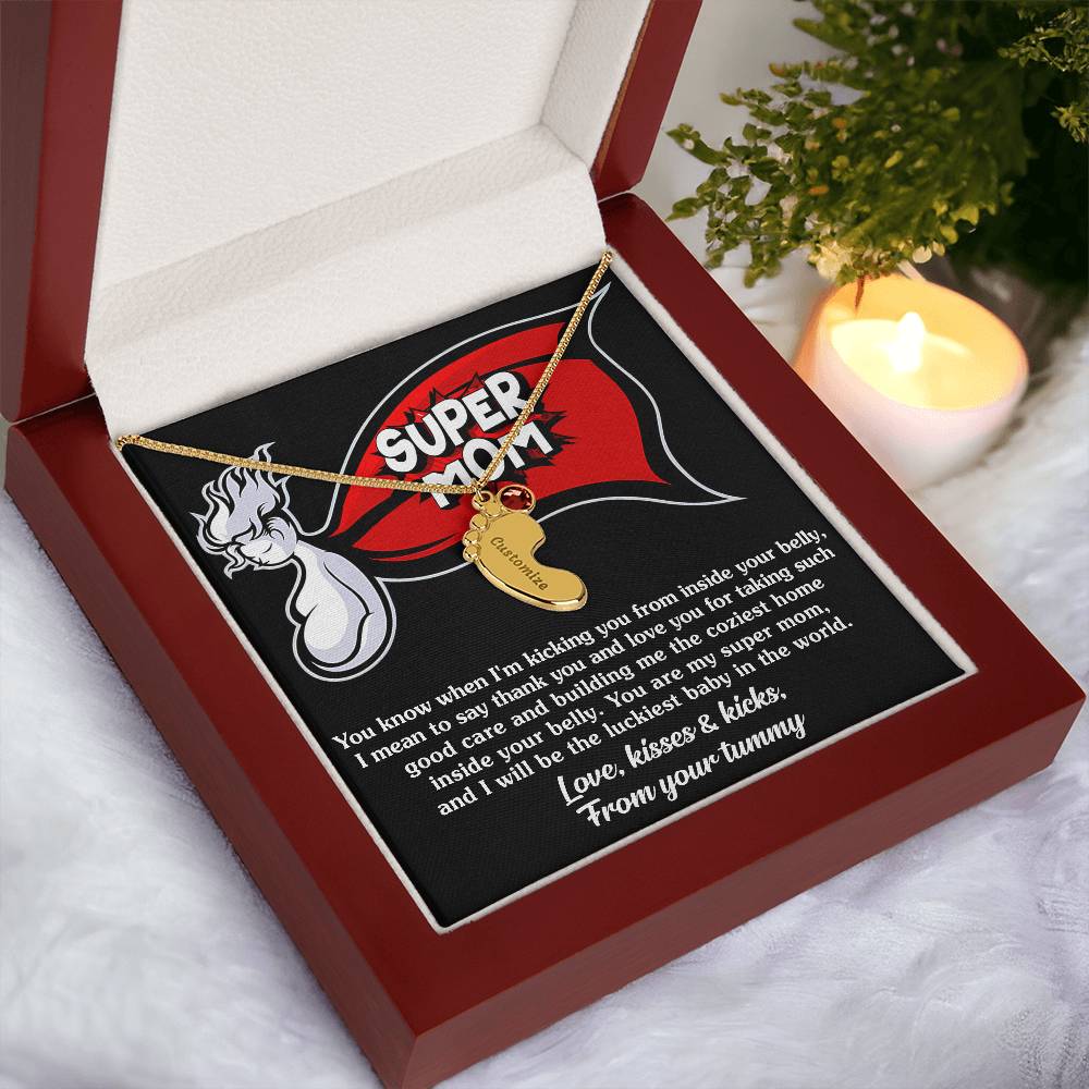 Supermom Love, Kisses and Kicks From Your Tummy Engraved Name Baby Feet Pendant Necklace with Birthstone - Mallard Moon Gift Shop