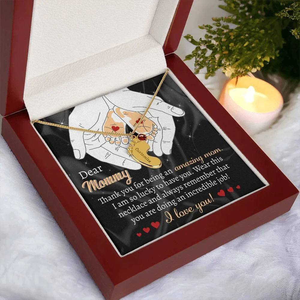Pregnant Mother Gift You are doing an Incredible Job Engraved Name Baby Feet Necklace with Birthstone