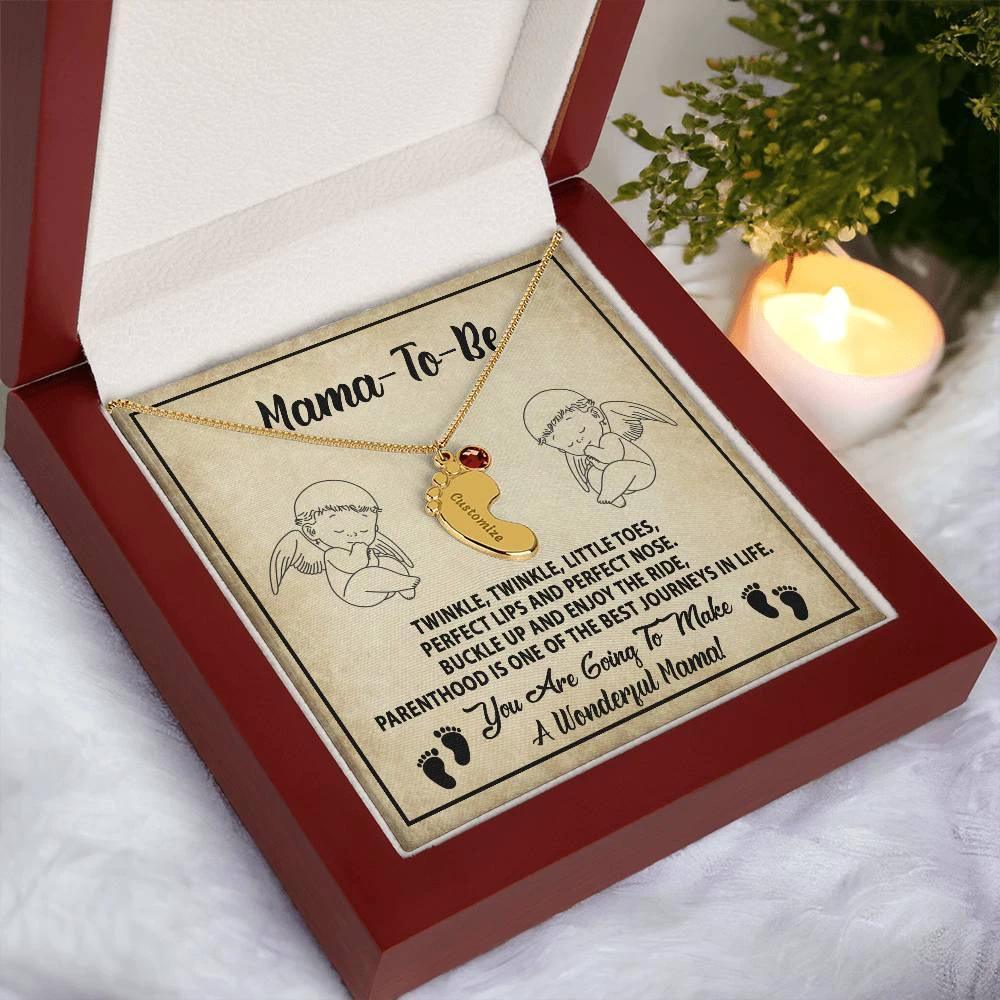 Gift for Mama-to-be Adorable Engraved Name Baby Feet Necklace with Birthstone
