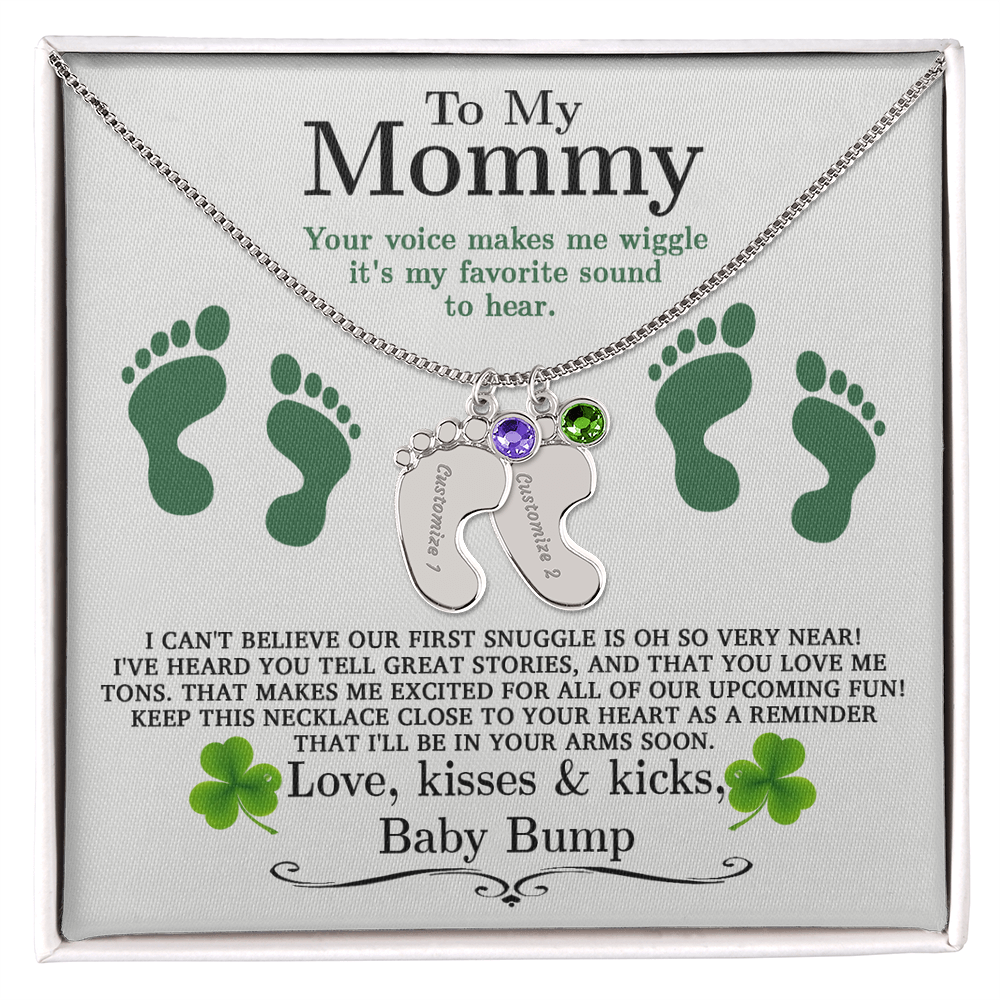 To My Mommy from Baby Bump - Personalized Baby Feet Necklace – Custom Name & Birthstone Pendant St. Patrick's Day Gift - Mallard Moon Gift Shop