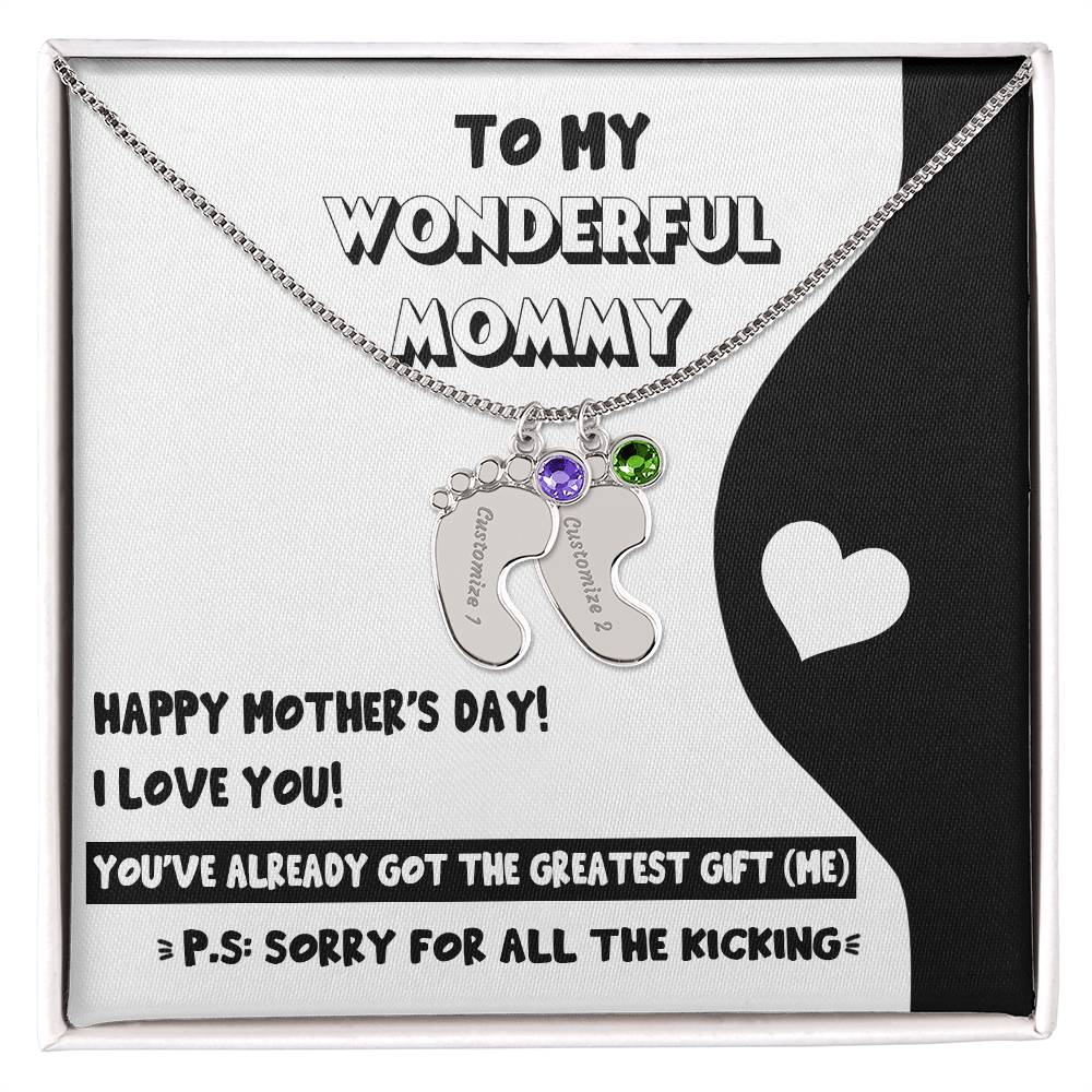 Gift for New Mom - Sorry for All the Kicking Baby Feet Engraved Name Charm Necklace with Birthstone - Mallard Moon Gift Shop