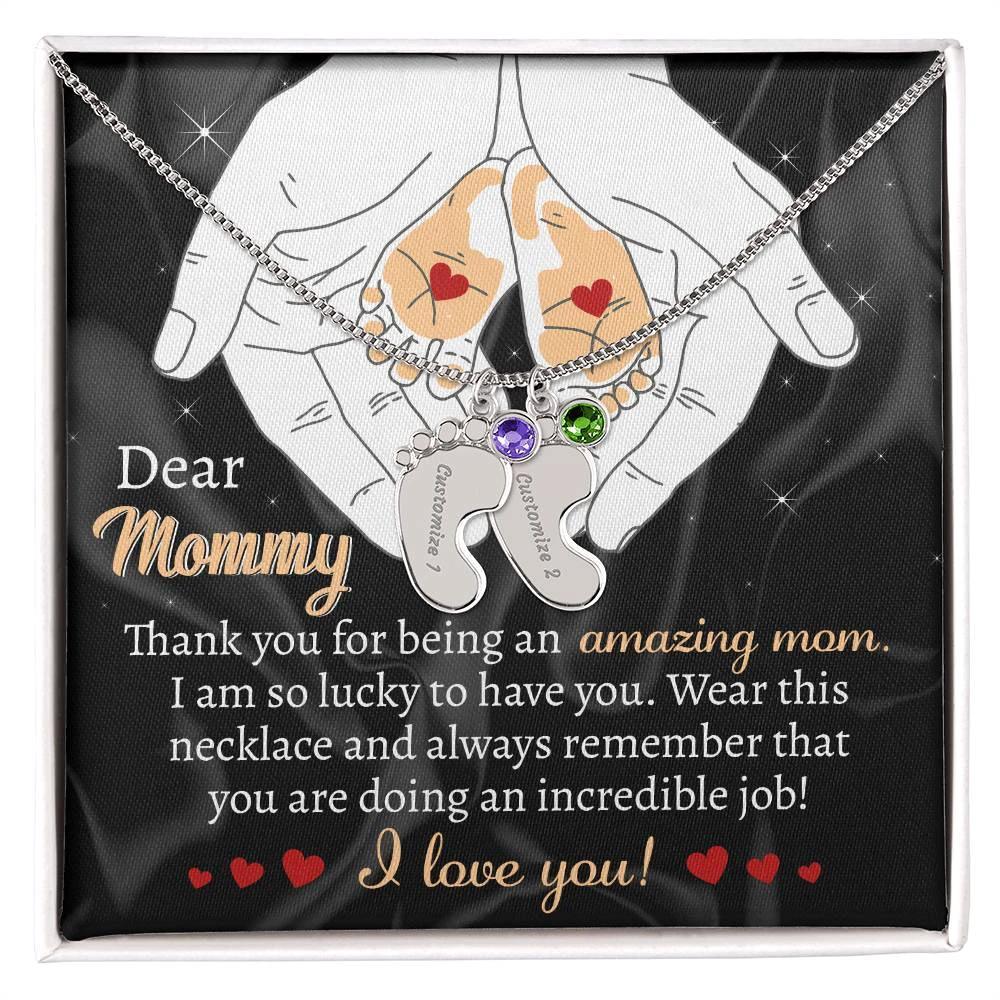 Pregnant Mother Gift You are doing an Incredible Job Engraved Name Baby Feet Necklace with Birthstone