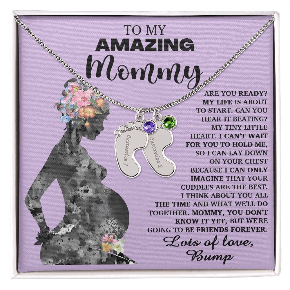 To My Amazing Mommy Lots of Love from the Bump Pregnancy Gift Engraved Name Baby Feet Charm Necklace with Birthstone - Mallard Moon Gift Shop