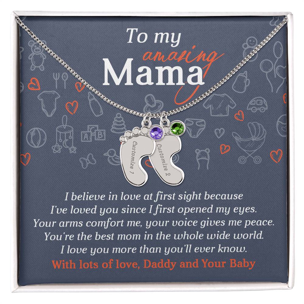 To My Amazing Mama I Believe in Love at First Sight Engraved Name Baby Feet Pendant Necklace with Birthstone - Mallard Moon Gift Shop