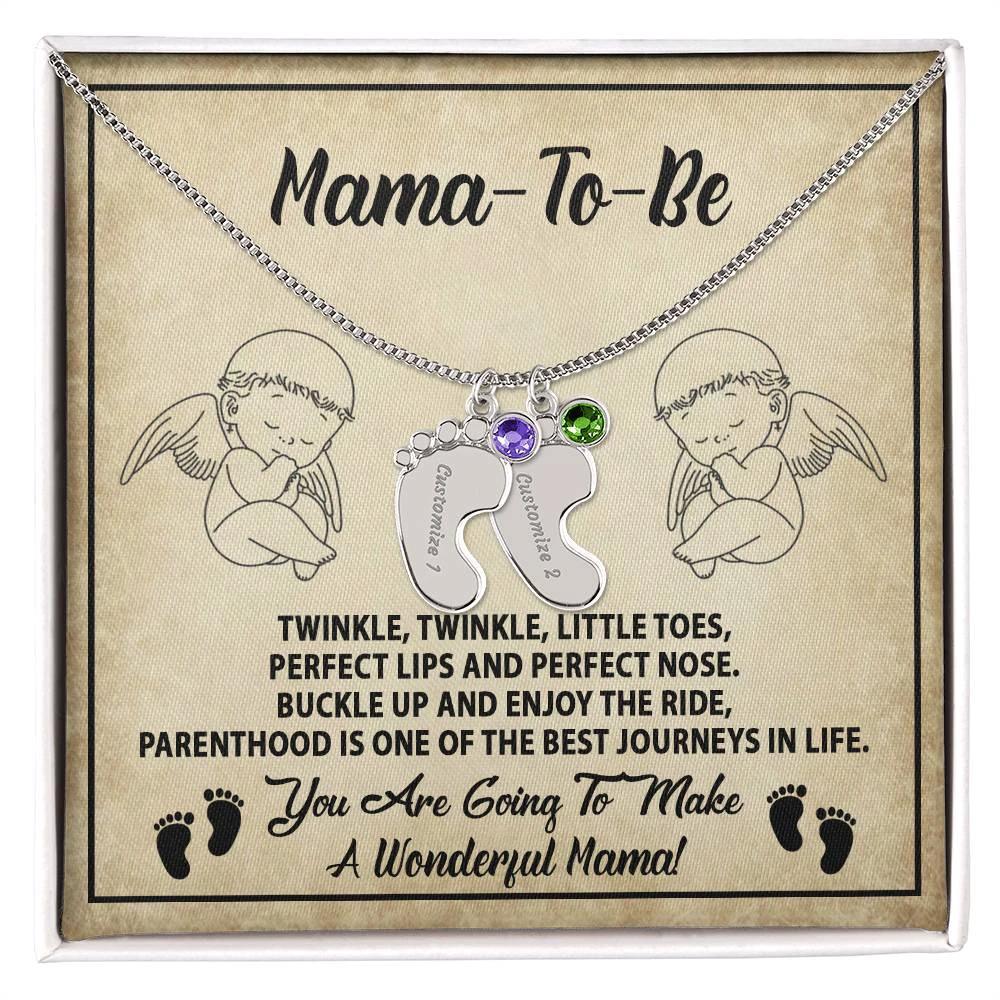 Gift for Mama-to-be Adorable Engraved Name Baby Feet Necklace with Birthstone