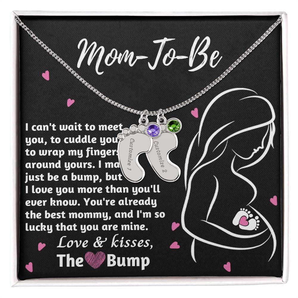 Mom-To-Be Love and Kisses From the Bump Engraved Name Baby Feet Pendant Necklace with Birthstone - Mallard Moon Gift Shop