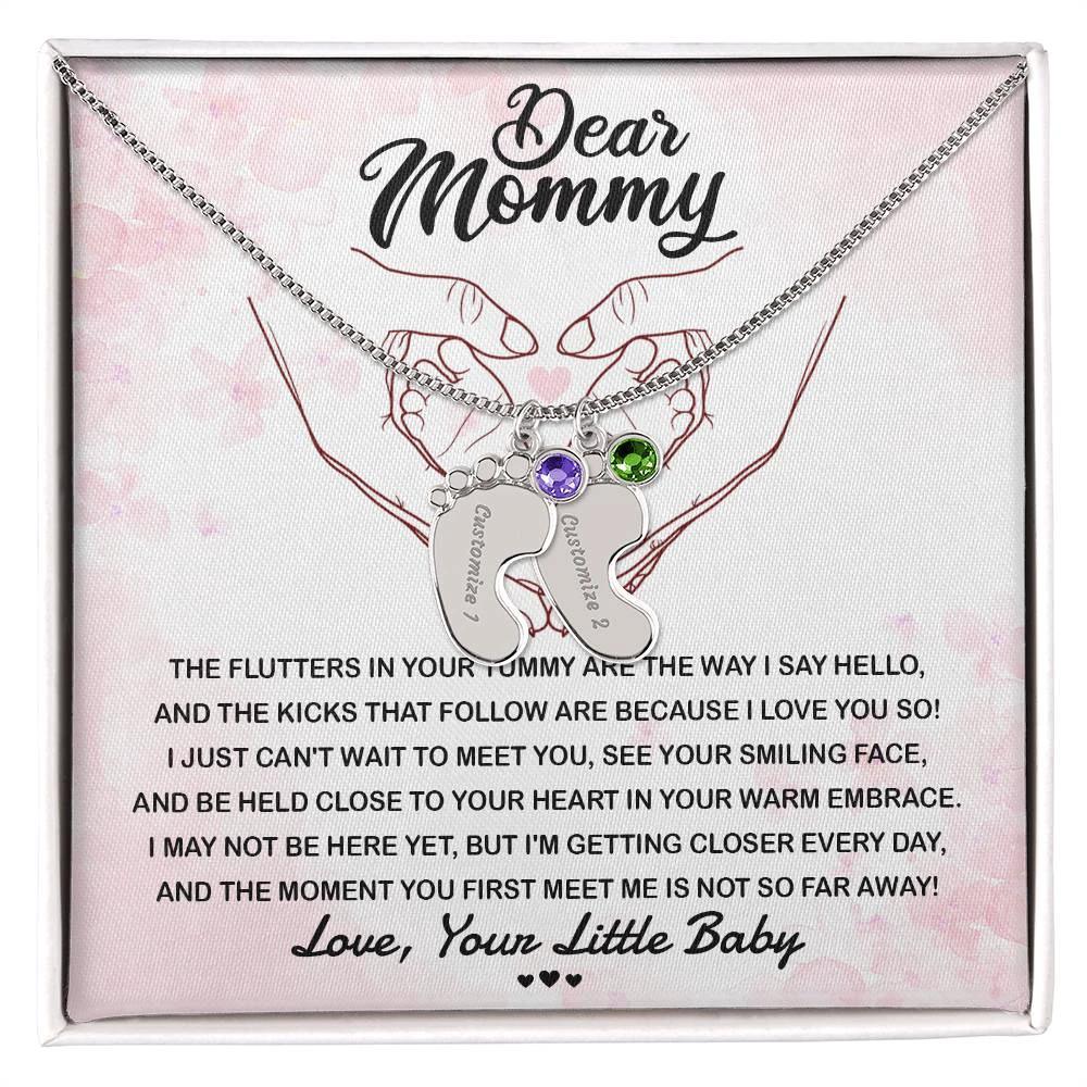 Dear Mommy I Can't Wait to Meet You Pregnancy Gift Engraved Name Baby Feet Pendant Necklace with Birthstone
