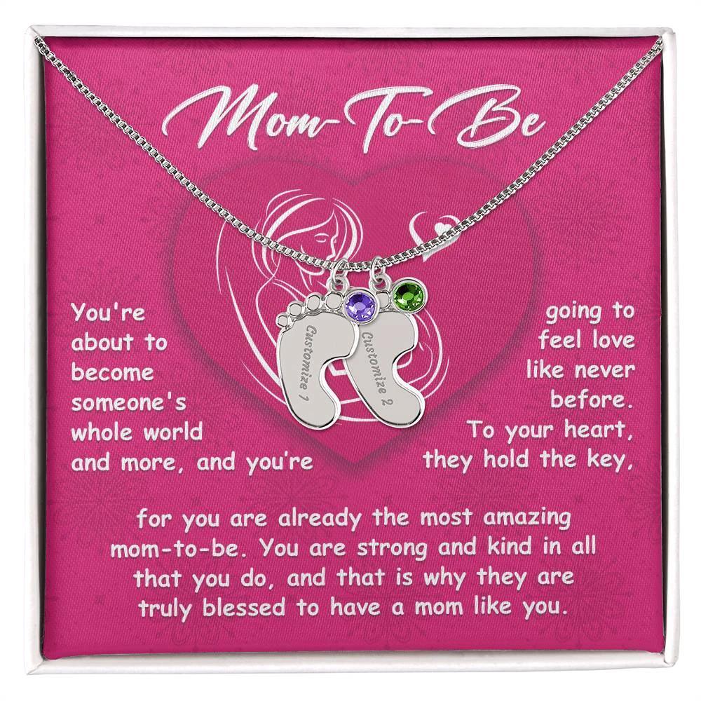 Gift for Mom-to-be Engraved Name Baby Feet Pendant Necklace with Birthstone