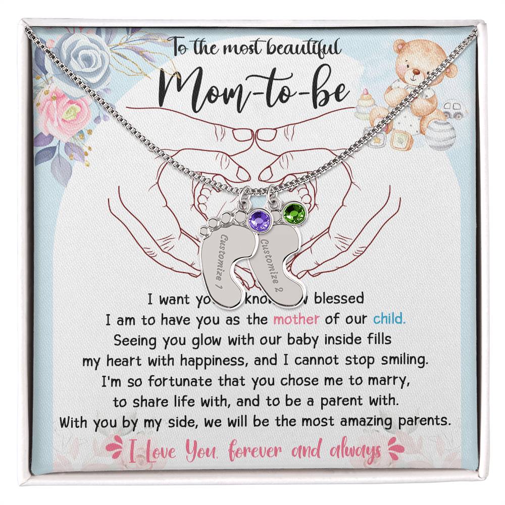 Mom-to-be Gift from Husband Engraved Name Baby Feet Charm Necklace with Birthstone - Mallard Moon Gift Shop