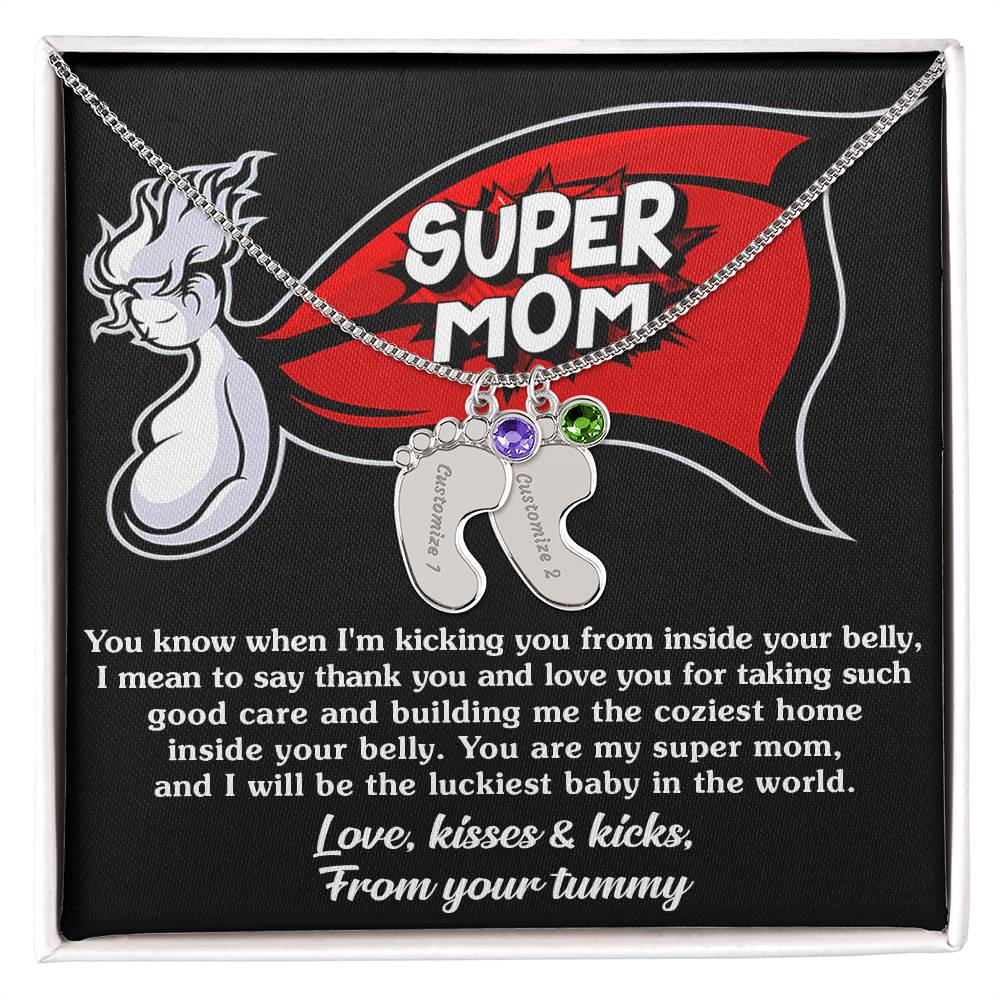 Supermom Love, Kisses and Kicks From Your Tummy Engraved Name Baby Feet Pendant Necklace with Birthstone - Mallard Moon Gift Shop
