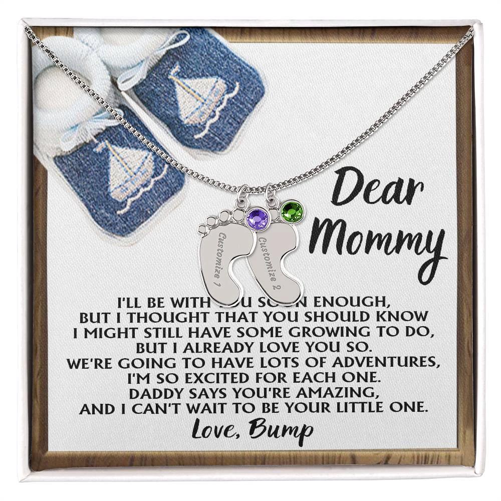 Dear Mommy I Already Love You Pregnancy Engraved Name Baby Feet Charm Necklace with Birthstone Gift for New Mom