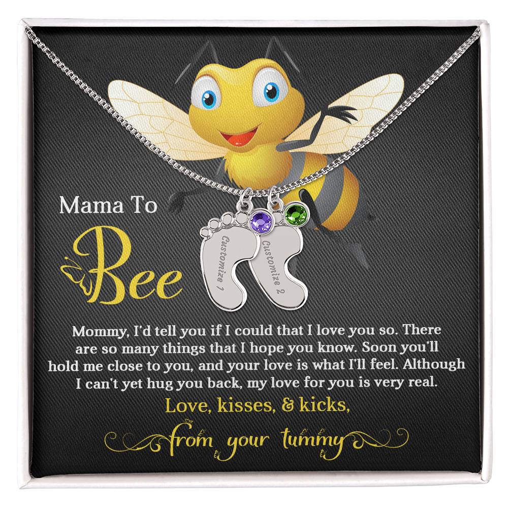 Mama To Bee Love, Kisses and Kicks from your Tummy Engraved Name Baby Feet Charm Necklace with Birthstone - Mallard Moon Gift Shop