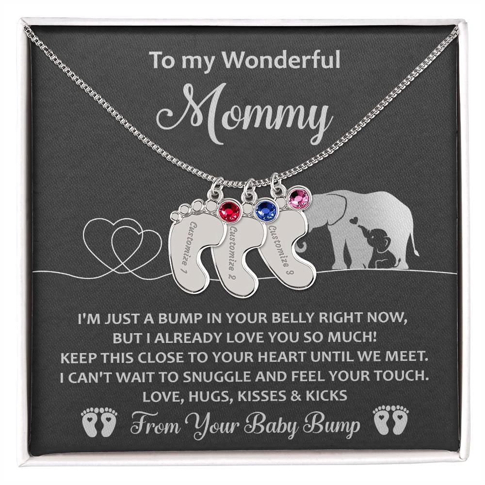 To My Wonderful Mommy I May be Just a Bump But I Love You So Much Engraved Name Baby Feet Necklace with Birthstone