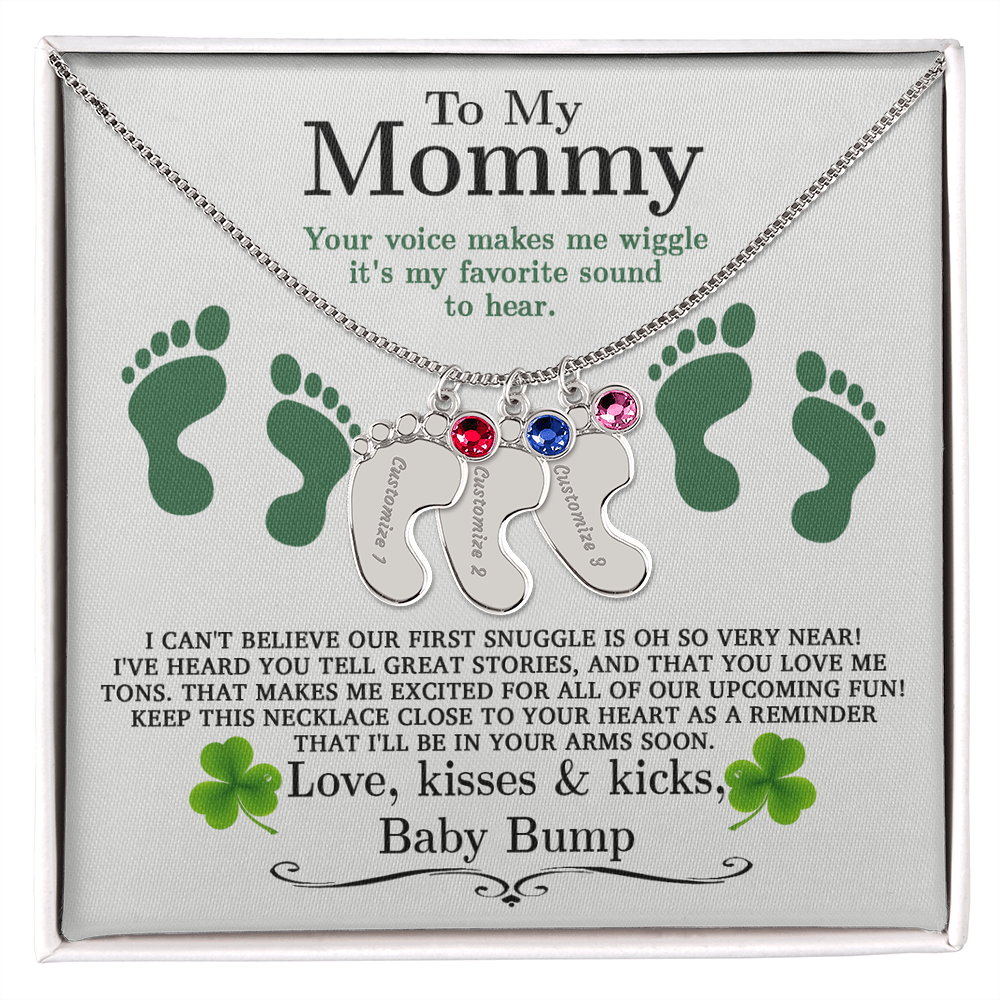 To My Mommy from Baby Bump - Personalized Baby Feet Necklace – Custom Name & Birthstone Pendant St. Patrick's Day Gift - Mallard Moon Gift Shop