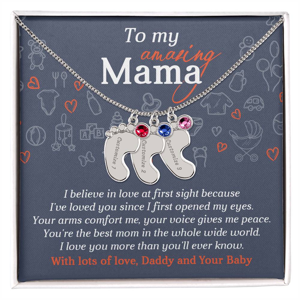To My Amazing Mama I Believe in Love at First Sight Engraved Name Baby Feet Pendant Necklace with Birthstone - Mallard Moon Gift Shop