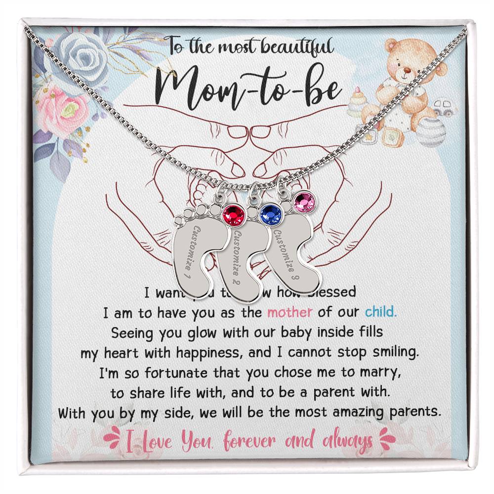 Mom-to-be Gift from Husband Engraved Name Baby Feet Charm Necklace with Birthstone - Mallard Moon Gift Shop
