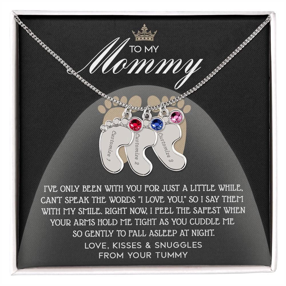 Gift for New Mom Engraved Name Baby Feet Pendant Necklace with Birthstone - I Love You with My Smile