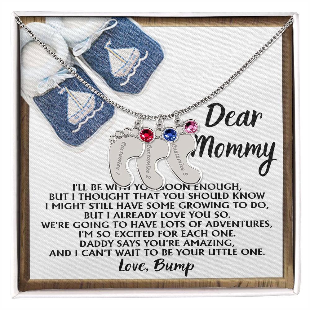 Dear Mommy I Already Love You Pregnancy Engraved Name Baby Feet Charm Necklace with Birthstone Gift for New Mom