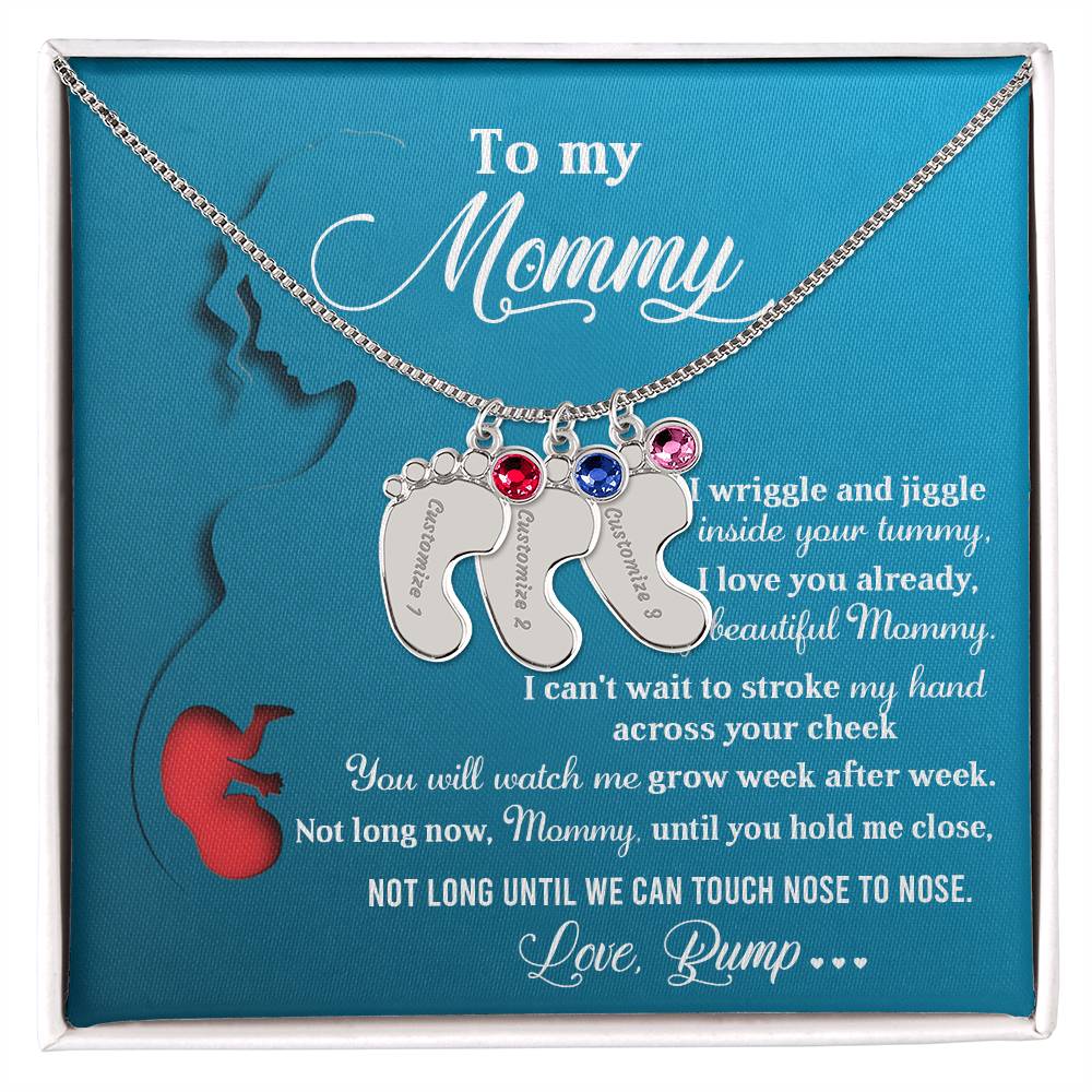 New Mom Gift Not Long Now Until You Can Hold Me Close Baby Feet Engraved Name Charm Necklace with Birthstone - Mallard Moon Gift Shop