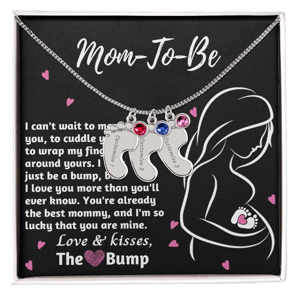 Mom-To-Be Love and Kisses From the Bump Engraved Name Baby Feet Pendant Necklace with Birthstone - Mallard Moon Gift Shop