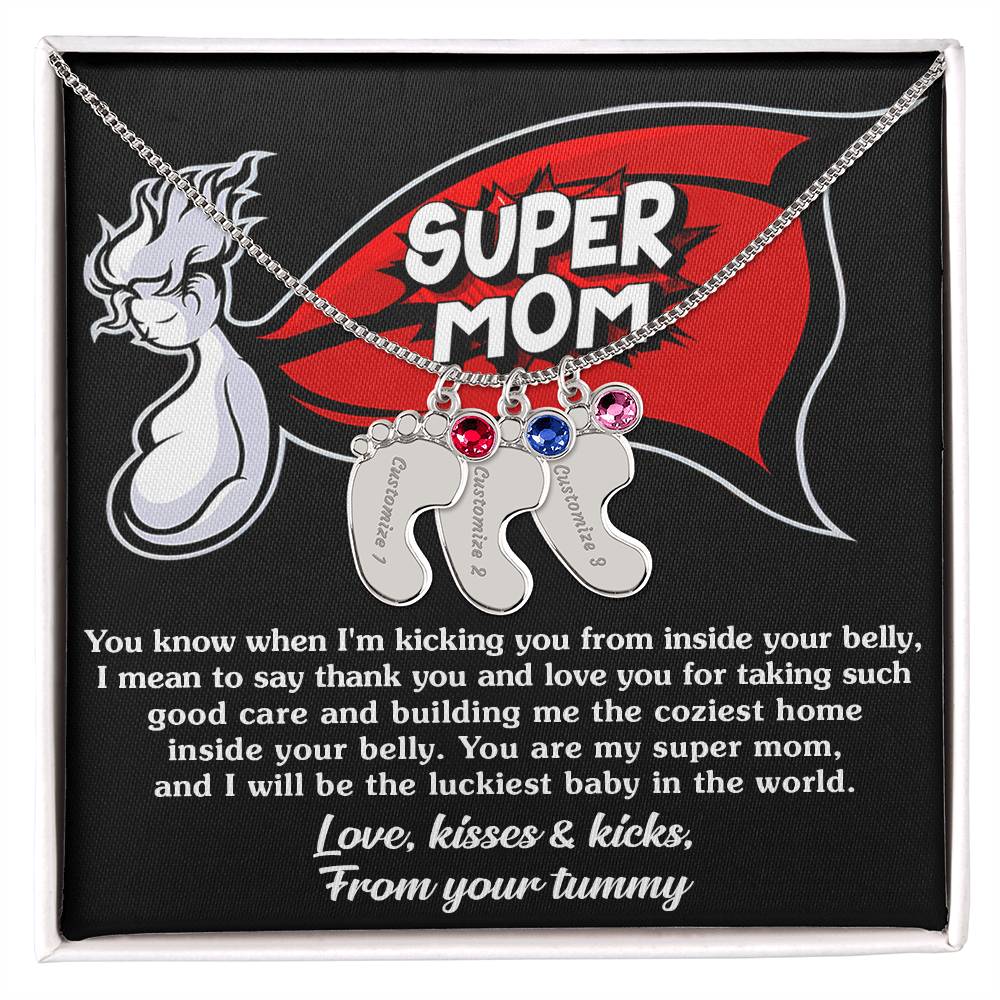 Supermom Love, Kisses and Kicks From Your Tummy Engraved Name Baby Feet Pendant Necklace with Birthstone - Mallard Moon Gift Shop