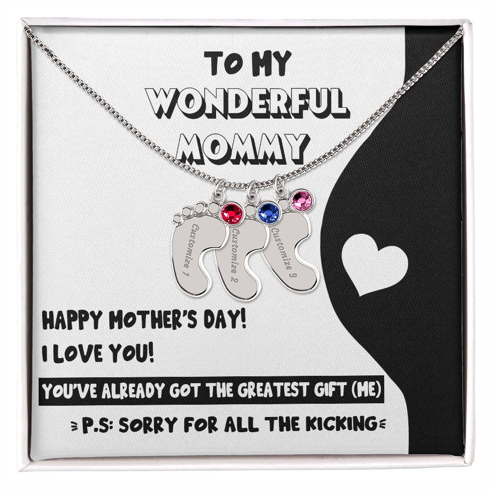 Gift for New Mom - Sorry for All the Kicking Baby Feet Engraved Name Charm Necklace with Birthstone - Mallard Moon Gift Shop