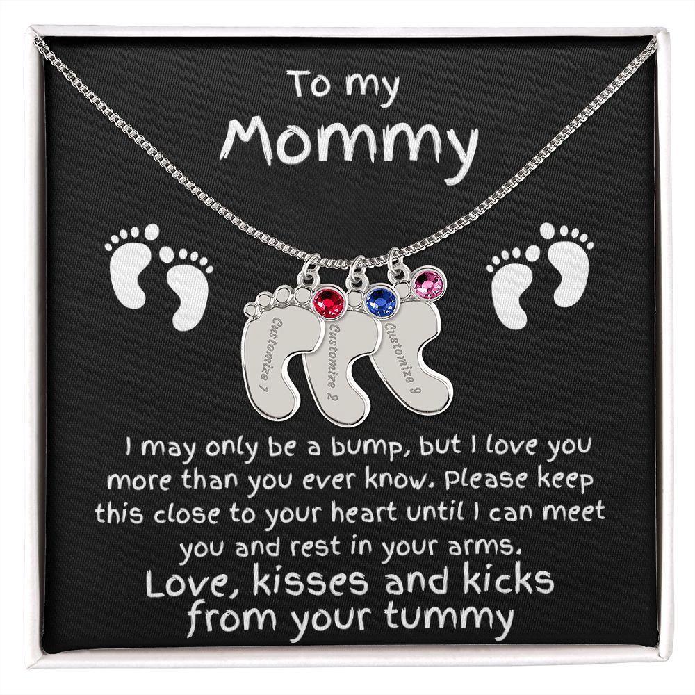 Expectant Mom Gift from the Bump Engraved Baby Feet Birthstone Charm Necklace