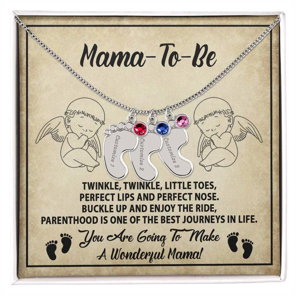 Gift for Mama-to-be Adorable Engraved Name Baby Feet Necklace with Birthstone