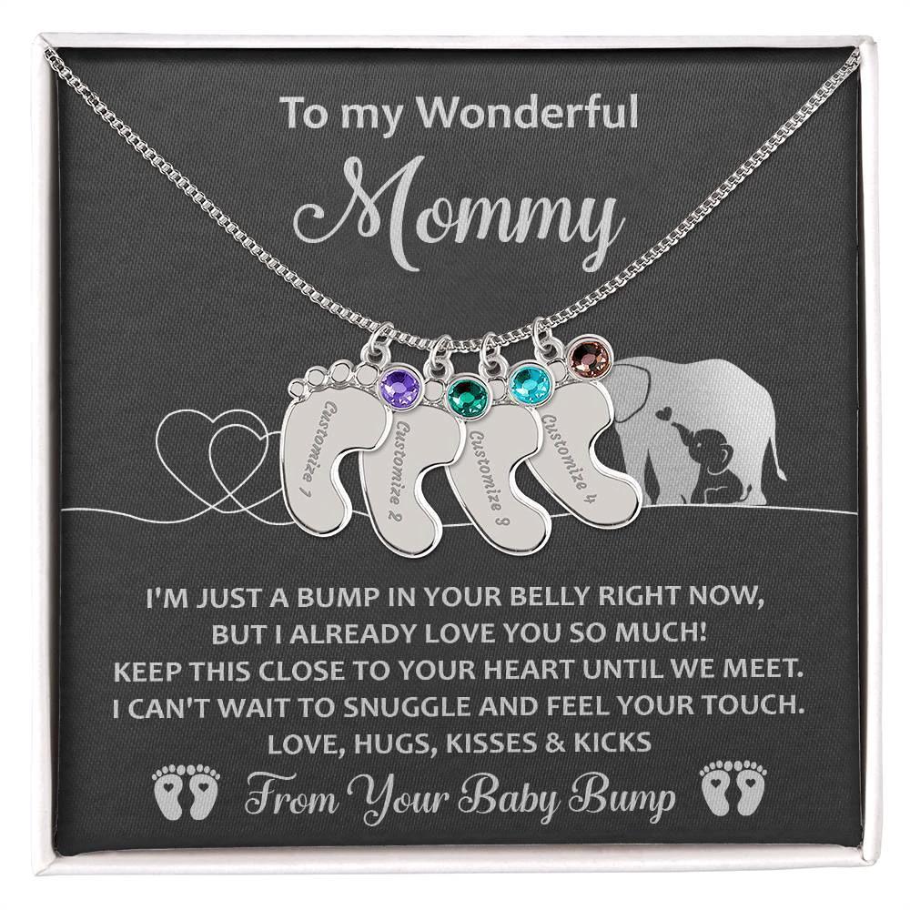 To My Wonderful Mommy I May be Just a Bump But I Love You So Much Engraved Name Baby Feet Necklace with Birthstone