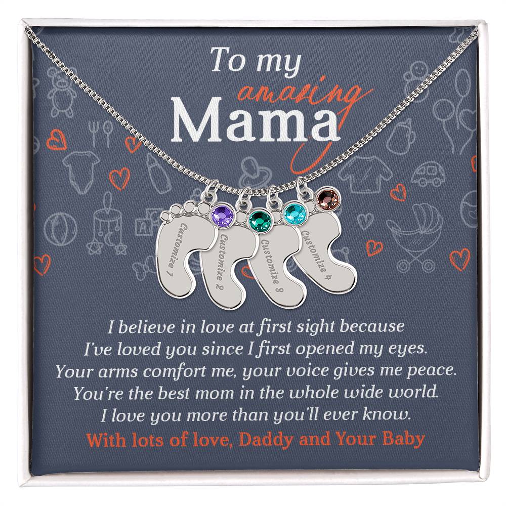 To My Amazing Mama I Believe in Love at First Sight Engraved Name Baby Feet Pendant Necklace with Birthstone - Mallard Moon Gift Shop
