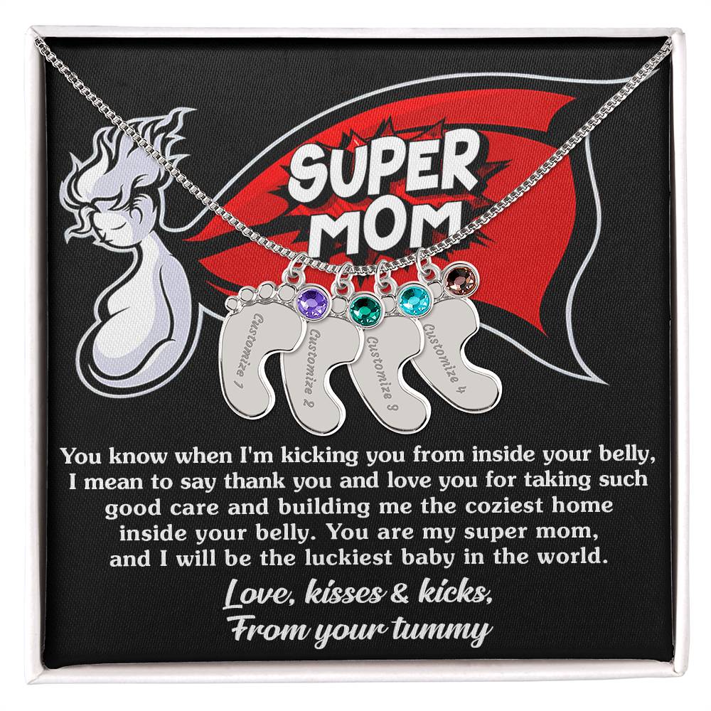 Supermom Love, Kisses and Kicks From Your Tummy Engraved Name Baby Feet Pendant Necklace with Birthstone - Mallard Moon Gift Shop