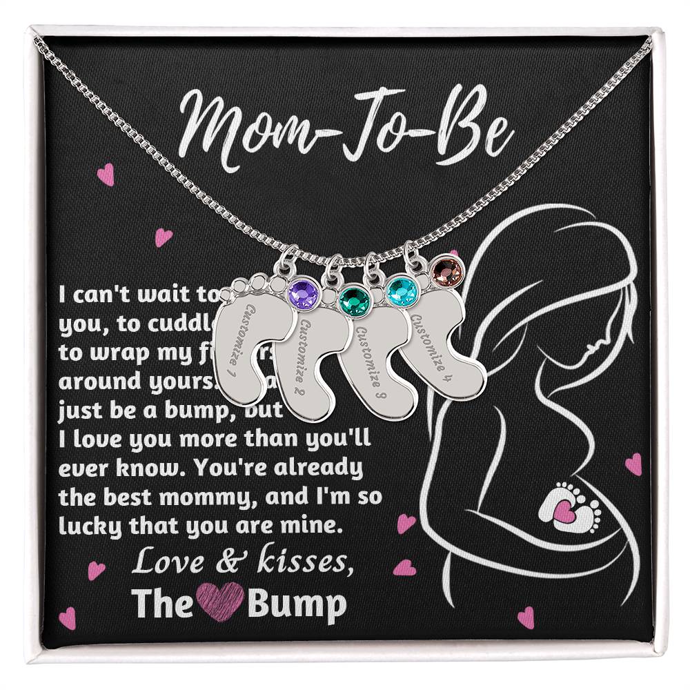Mom-To-Be Love and Kisses From the Bump Engraved Name Baby Feet Pendant Necklace with Birthstone - Mallard Moon Gift Shop
