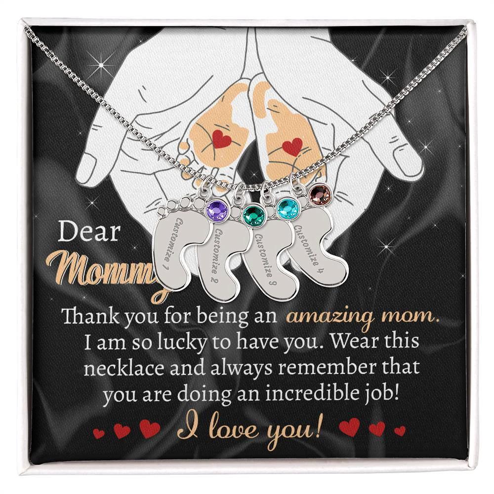 Pregnant Mother Gift You are doing an Incredible Job Engraved Name Baby Feet Necklace with Birthstone