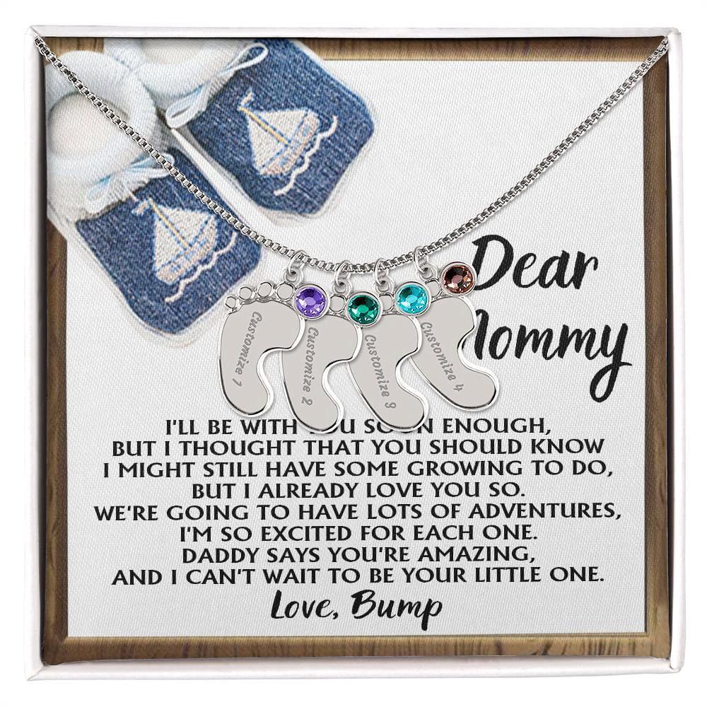 Dear Mommy I Already Love You Pregnancy Engraved Name Baby Feet Charm Necklace with Birthstone Gift for New Mom