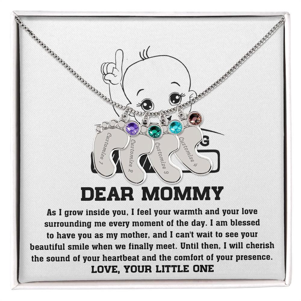 Dear Mommy Your Little One Can't Wait to See your Smile Engraved Name Baby Feet Pendant Necklace with Birthstone
